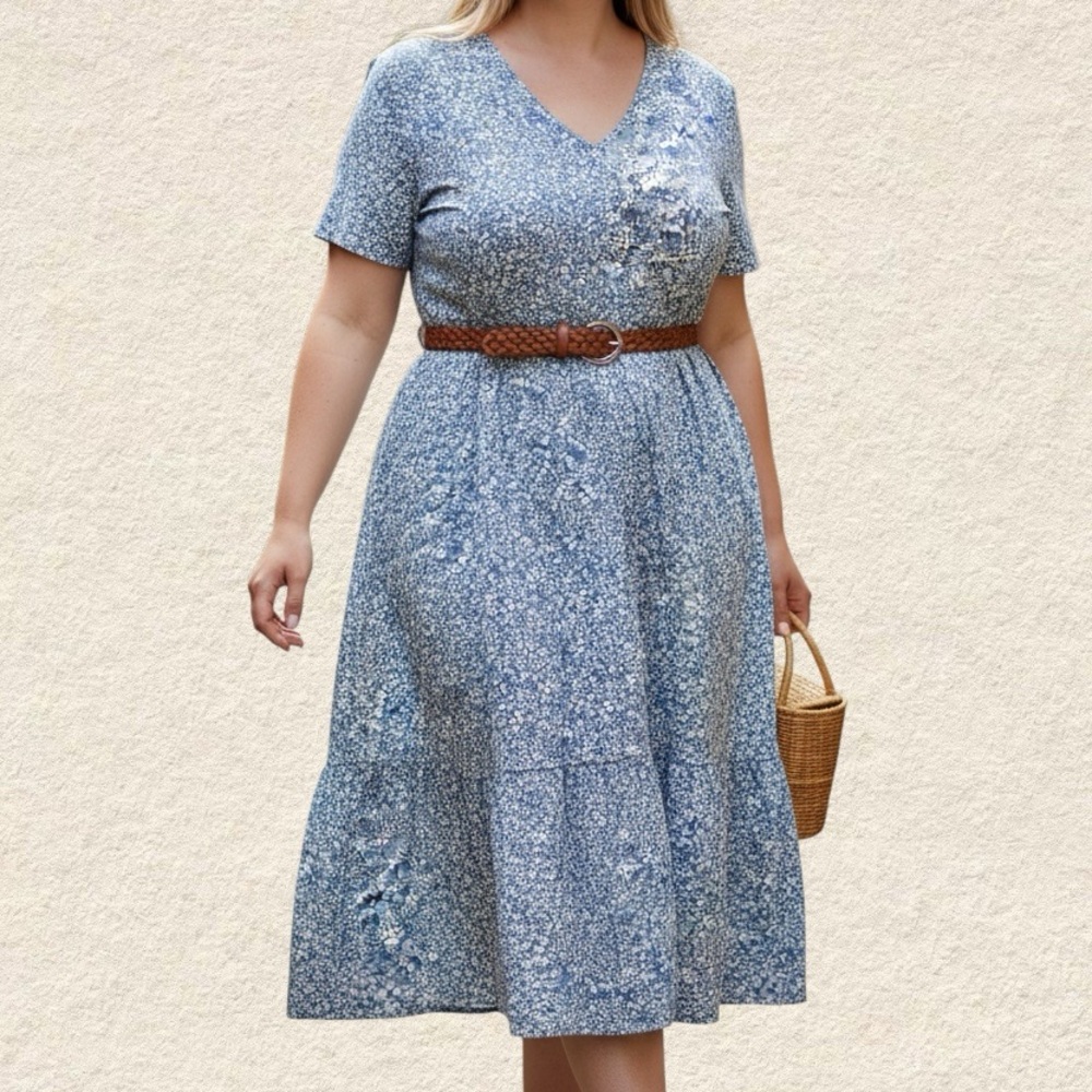 Women’s Blue Floral V-Neck Midi Dress Size L